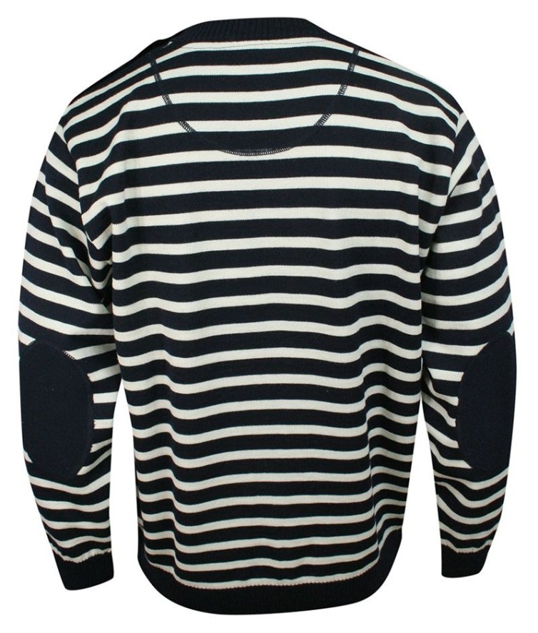 Sweter Granatowo-Biały w Paski, Łaty na Rękawach, Okrągły Dekolt (U-neck), Męski - BELIKA