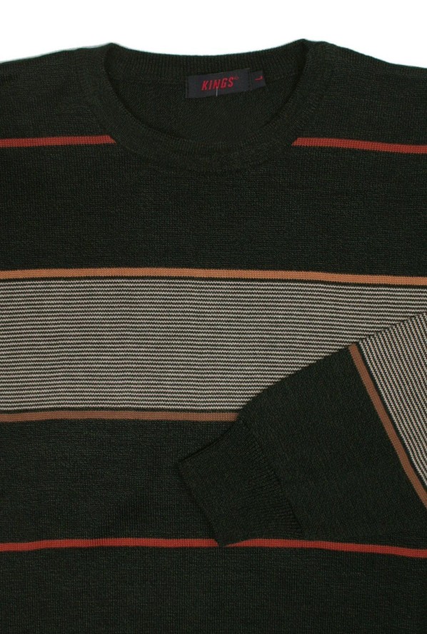 Sweter Ciemny Oliwkowy, Zielony w Paski, Okrągły Dekolt (U-neck) -KINGS- Męski