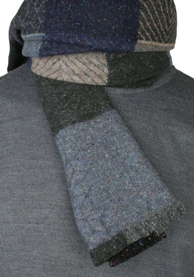 Szalik Niebiesko-Beżowy w Kratkę, Męski, Jesienno-Zimowy z Wełną -V. FRAAS