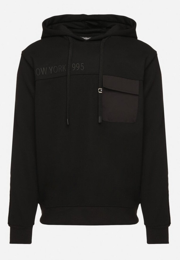 Czarna Bluza z Kapturem Napisem i Kieszonką Napiria
