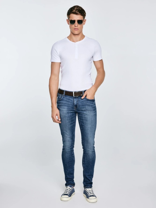 Jeansy męskie dopasowane z przetarciami granatowe Nader 495