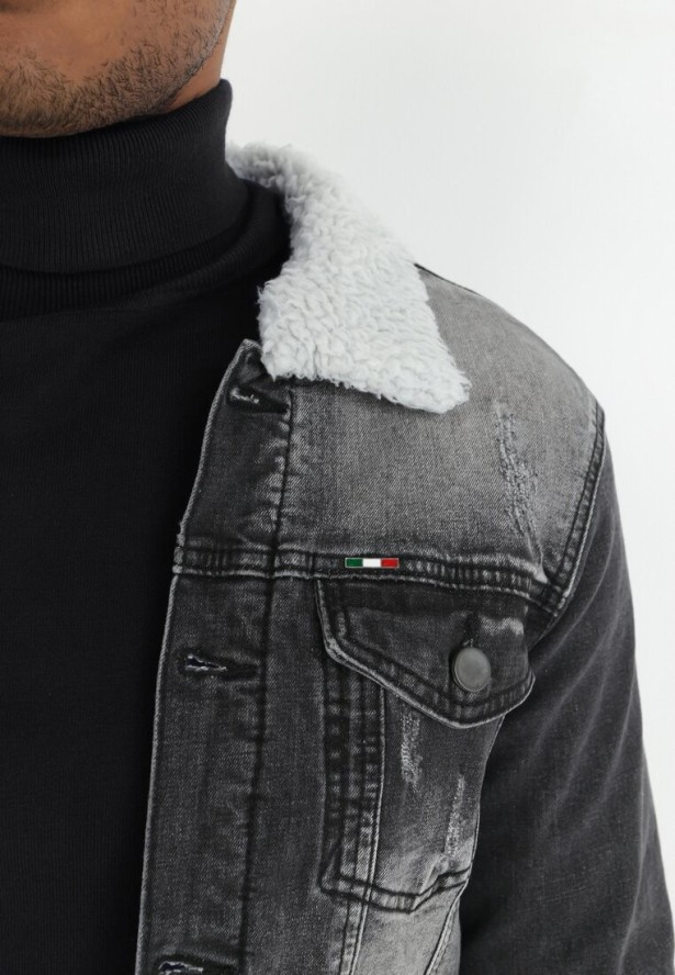 Czarna Kurtka Jeansowa z Kożuszkowym Kołnierzem Rovi