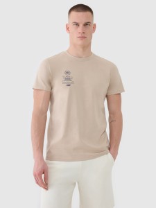 4F T-shirt regular z nadrukiem męski - beżowy XL