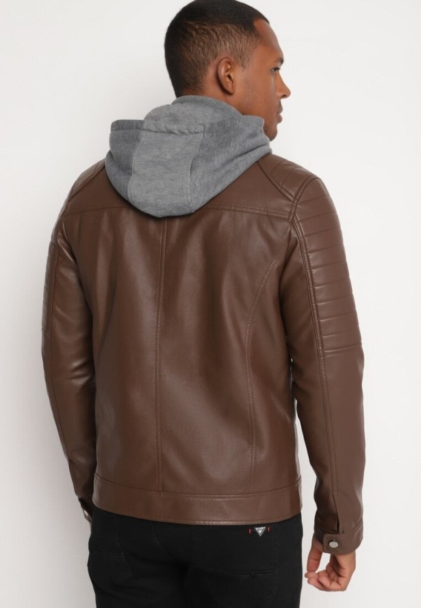 Ciemnobrązowa Kurtka Ramoneska z Ekoskóry z Kapturem Florenitha