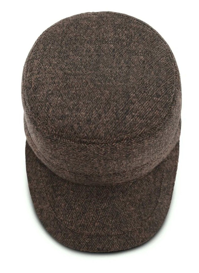 Czapka z Daszkiem Jesienno-Zimowa, Brązowa w Drobny Wzór, Patrolówka z Nausznikami -Pako Jeans