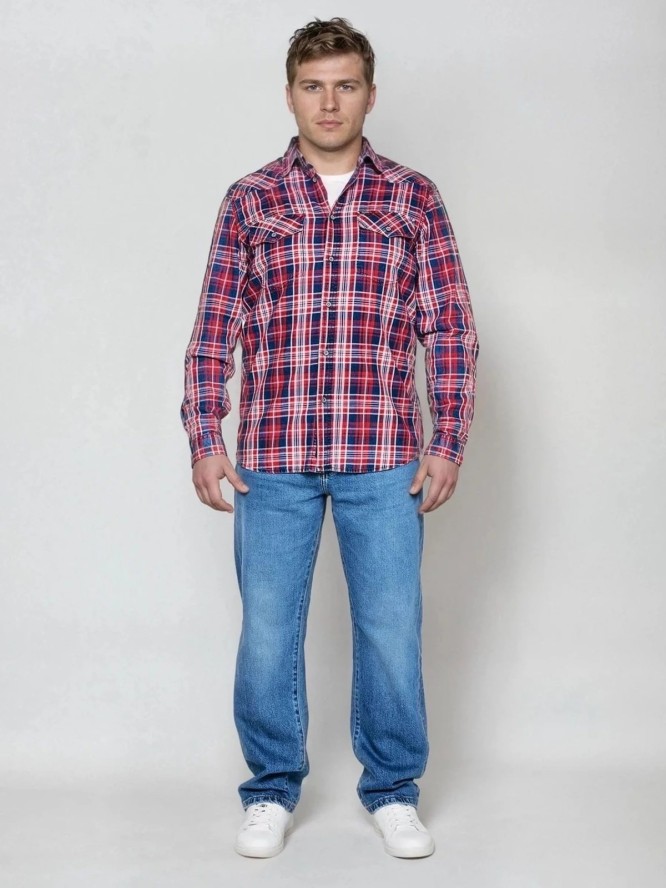 Koszula męska bawełniana w kratę czerwono-granatowa Retinezi 603
