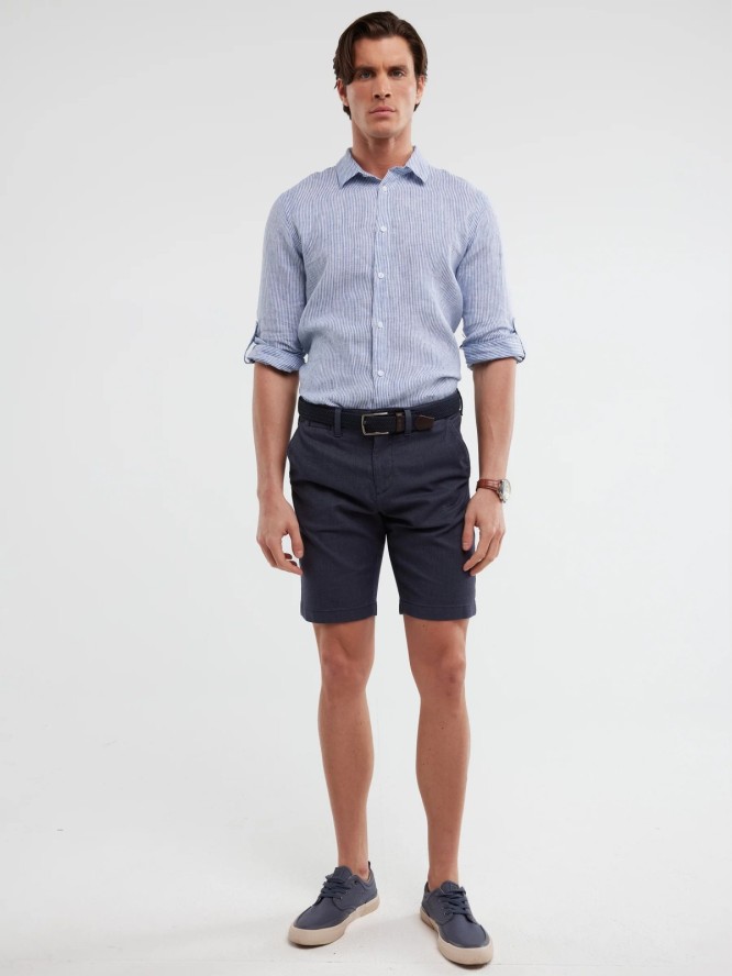 Lniana koszula męska w prążek niebieska Malekiwo 402