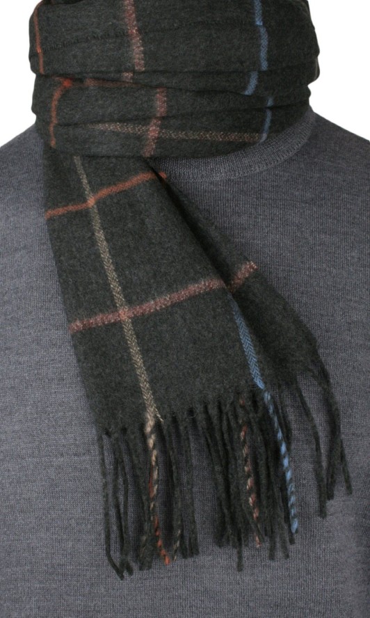 Szalik Grafitowy w Kratkę, Miękki, Delikatny, z Frędzlami, Cashmink -V.Fraas