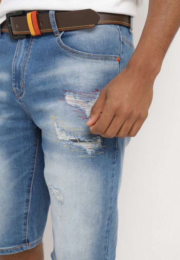 Niebieskie Jeansowe Szorty z Bawełny Ozdobione Przetarciami i Paskiem z Ekoskóry Zeara