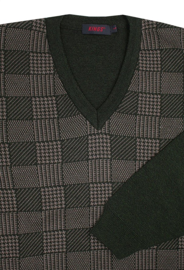 Ciemnooliwkowy Sweter w Szachownice (U-neck) - Kings