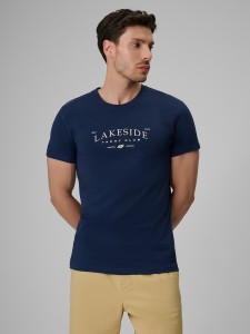 4F T-shirt regular z nadrukiem męski - granatowy XXL