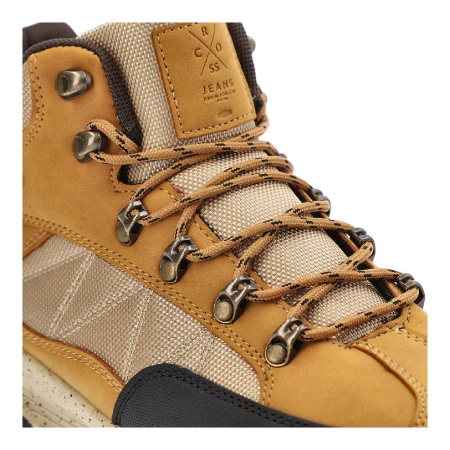 Trekkingi męskie Cross Jeans, ze skóry ekologicznej i tkaniny sznurowane z dodatkowym wzmocnieniem noska, camel, KK1R4020C