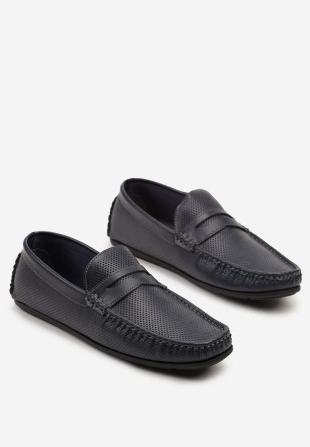 Granatowe Półbuty Mokasyny z Przeszyciem i Perforacją Vevirena