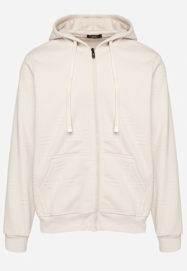 Beżowa Rozpinana Bluza z Bawełną i Kapturem i Ozdobnymi Sznurkami Bialise