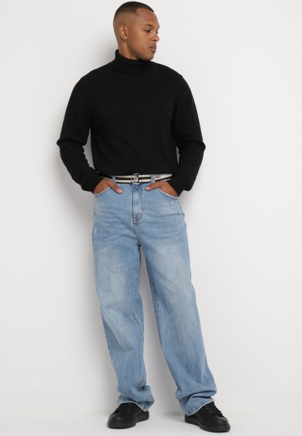 Niebieskie Szerokie Jeansy z Bawełny Ozdobione Paskiem Lerillis