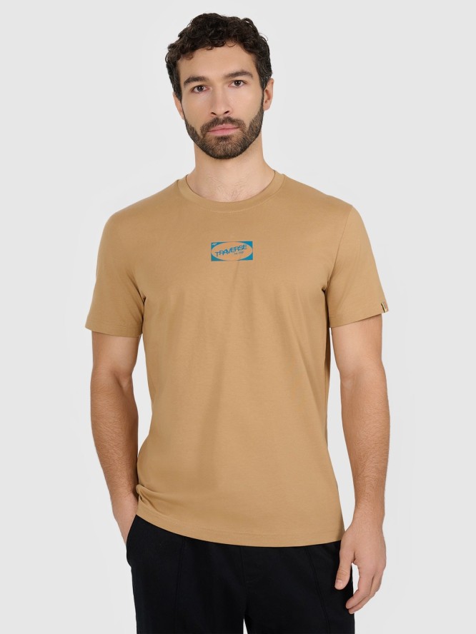 4F T-shirt regular z nadrukiem męski - beżowy M