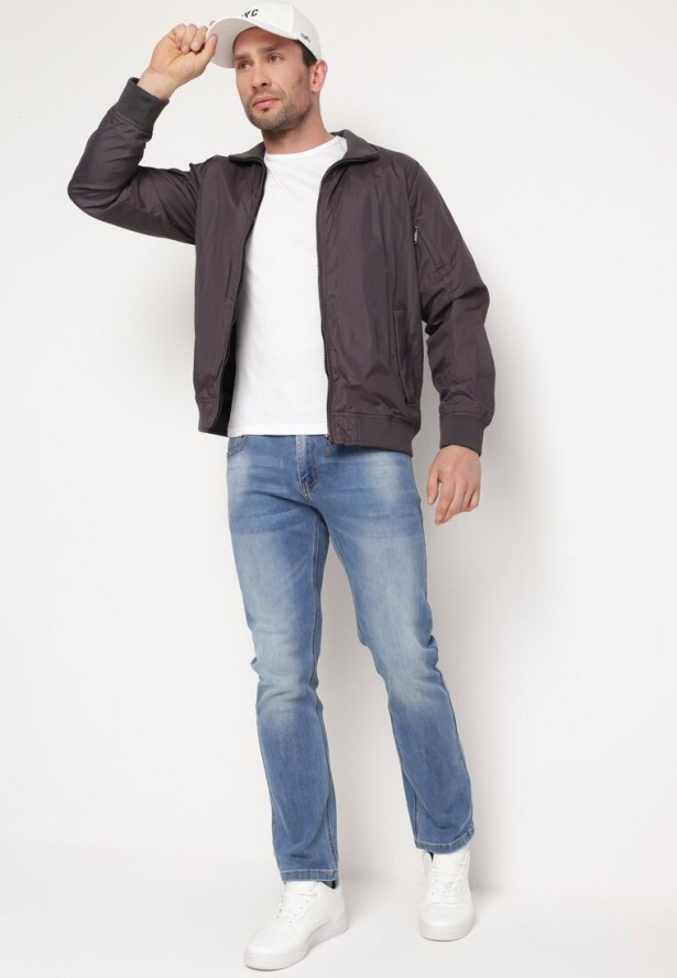 Ciemnoszara Kurtka Typu Wiatrówka z Kieszeniami na Suwaki Nollafa