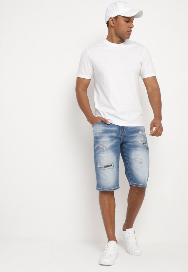 Niebieskie Jeansowe Szorty z Bawełny Ozdobione Przetarciami i Paskiem z Ekoskóry Zeara