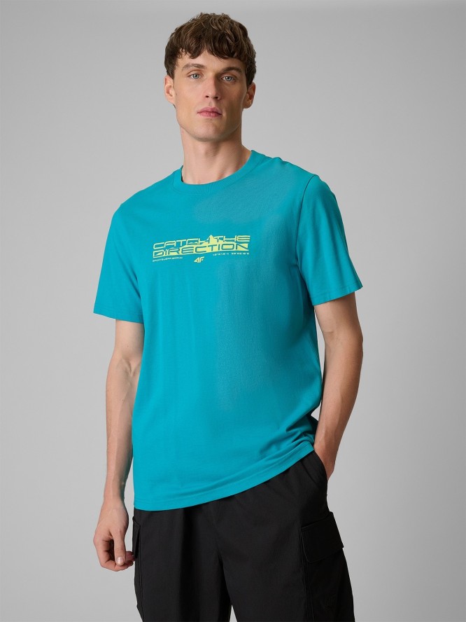 4F T-shirt regular z nadrukiem męski - turkusowy L