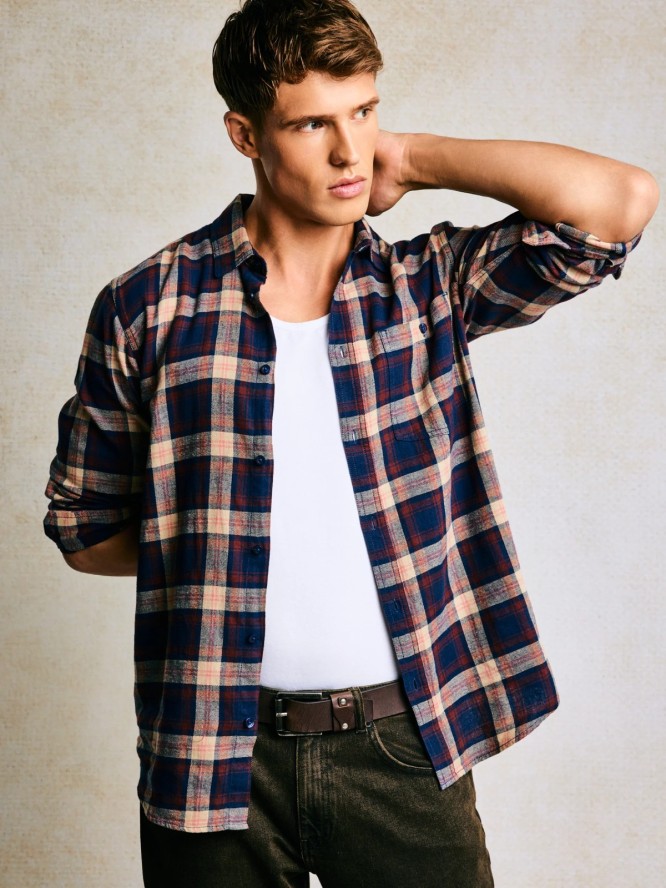 Koszula męska flanelowa w kratę granatowa Flaneno 403