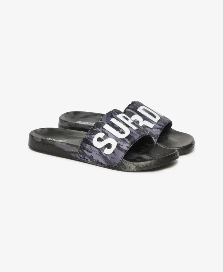 superdry Camo Pool Sliders - klapki z wyściełanym paskiem – Dark Grey Tiger Camo