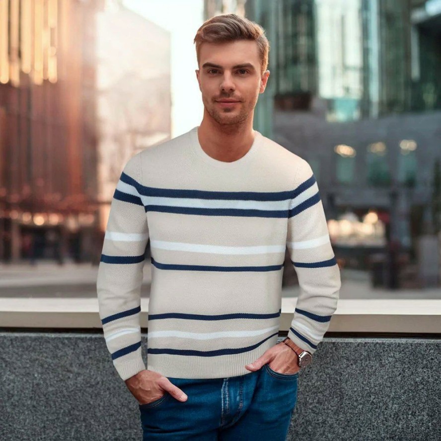 Sweter z Dzianiny Bawełnianej - w Paski - Pako Jeans - Beżowy