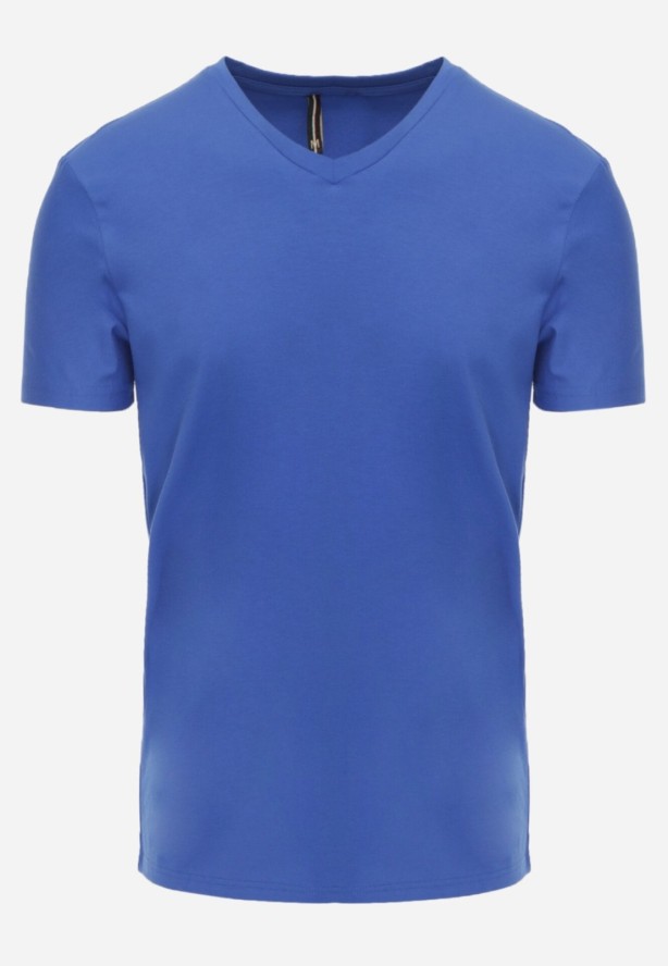 Niebieska Koszulka T-shirt z Bawełny z Dekoltem w Serek Rionisse
