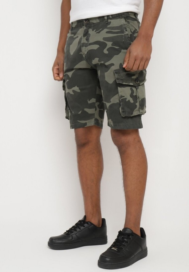 Zielone Szorty z Bawełny z Wysokim Stanem i Dodatkowymi Kieszeniami Pelia