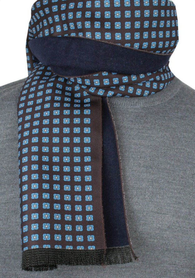 Elegancki Szalik Bawełniany - Alties - Niebieski Wzór na Brązowym Tle