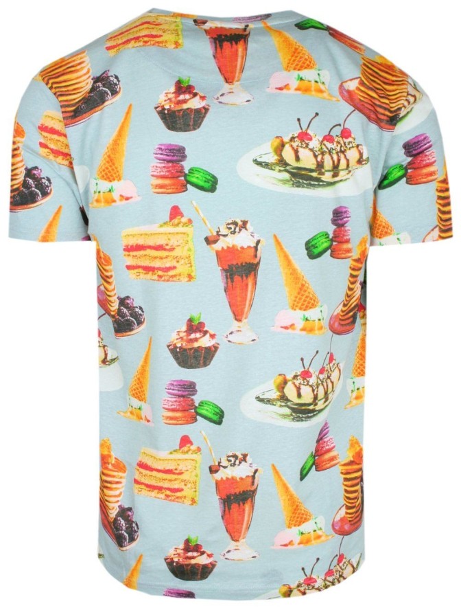 T-Shirt Bawełniany Niebieski z Nadrukiem, Lody, Ciastka, Słodycze, Okrągły Dekolt -BRAVE SOUL