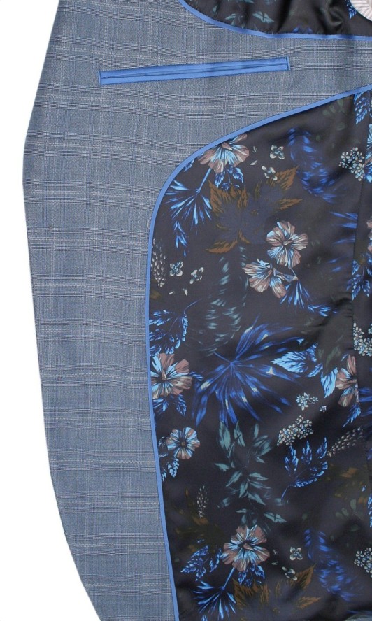 Garnitur, Jasny Niebieski w Kratkę Zapinany na Dwa Guziki, SLIM, Spodnie w Kant -VICTORIO