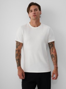4F T-shirt slim gładki męski - kremowy S