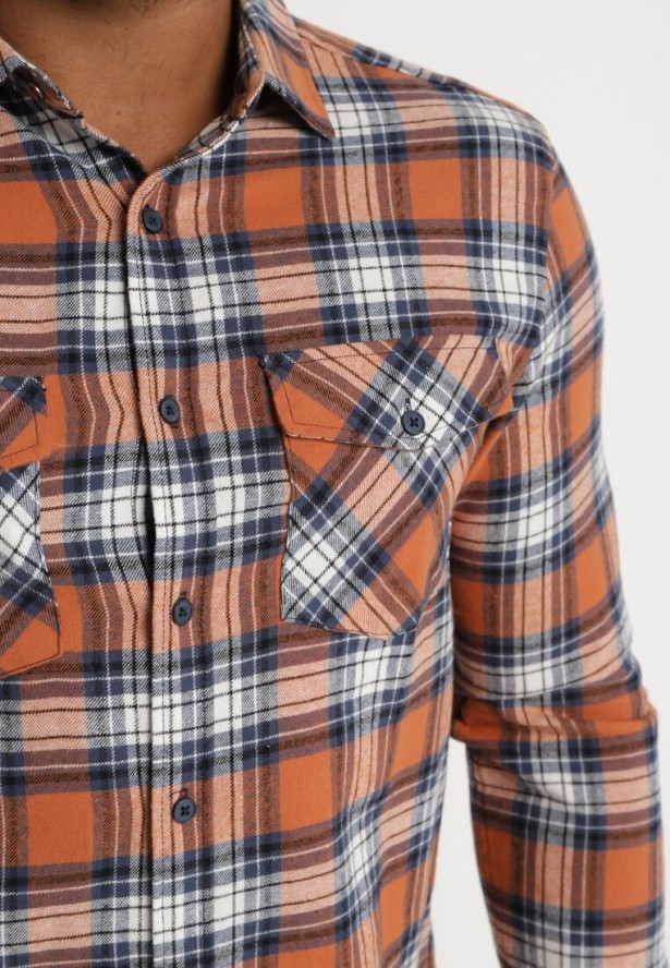 Pomarańczowa Bawełniana Koszula w Kratę z Kieszeniami i Guzikami Lajnii