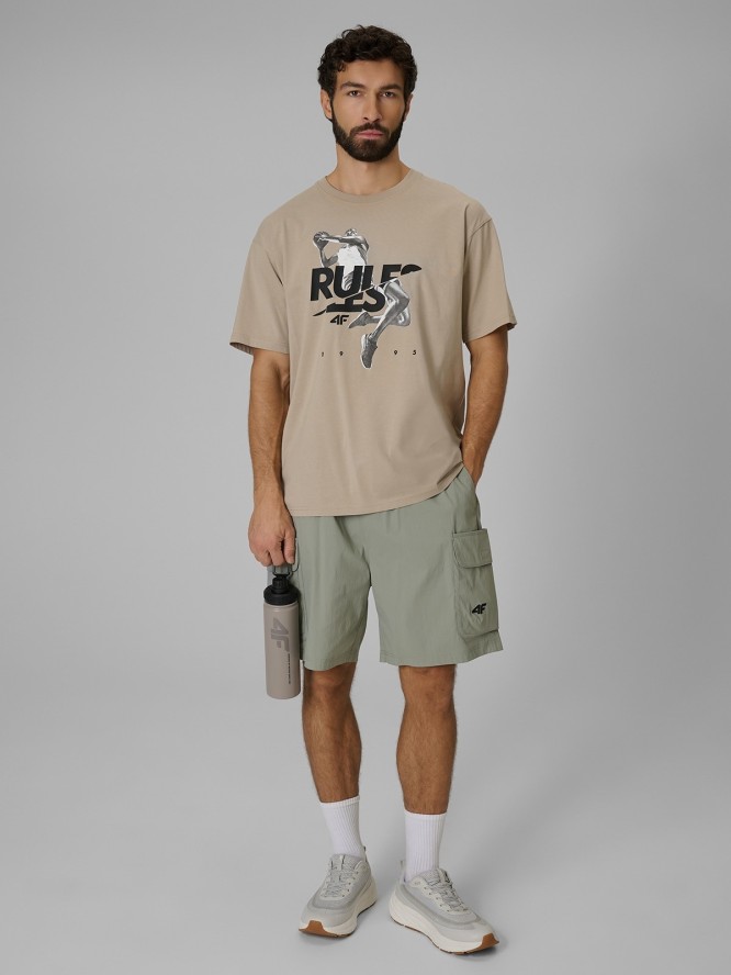 4F T-shirt loose z nadrukiem męski - beżowy XL