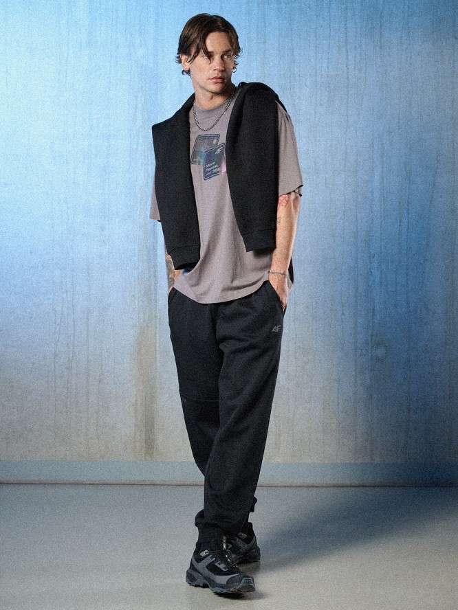 4F T-shirt loose z nadrukiem męski - szary S