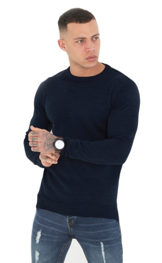 Sweter Ciemny Granatowy Melanżowy Okrągły Dekolt Męski Jednokolorowy -BRAVE SOUL