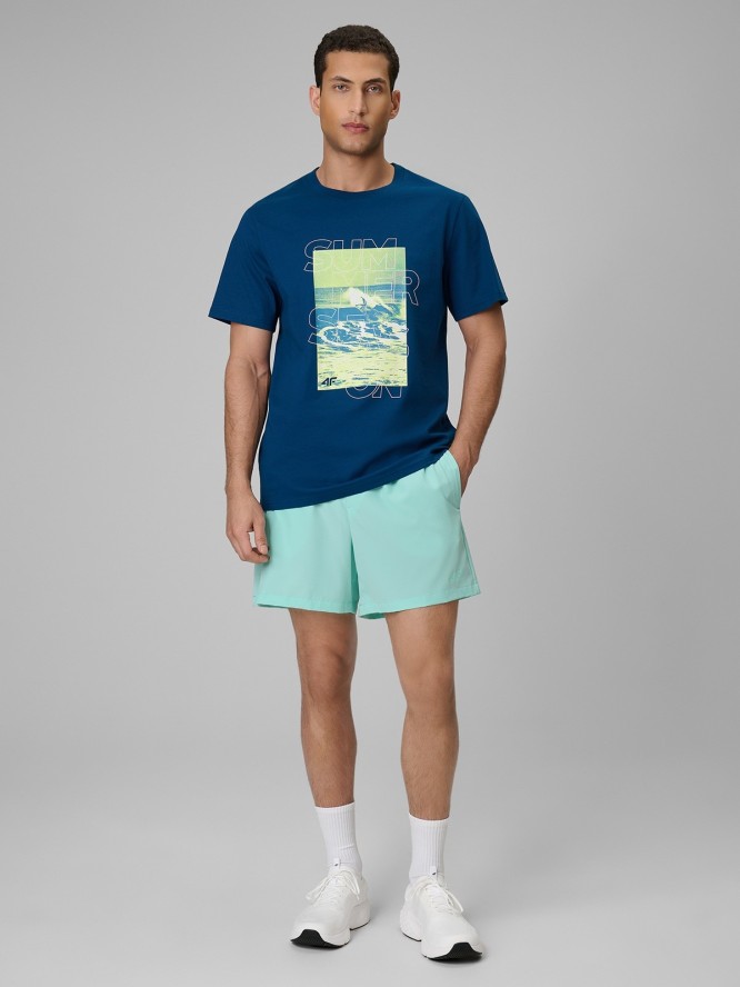 4F T-shirt regular z nadrukiem męski - turkusowy XXL