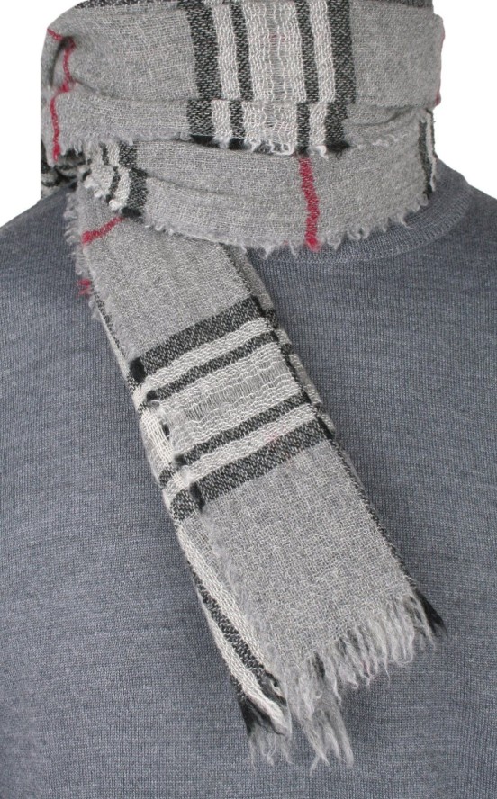 Szalik z Kaszmiru, Jasny Szary w Kratkę, Delikatny, Miękki, Ciepły -V. Fraas