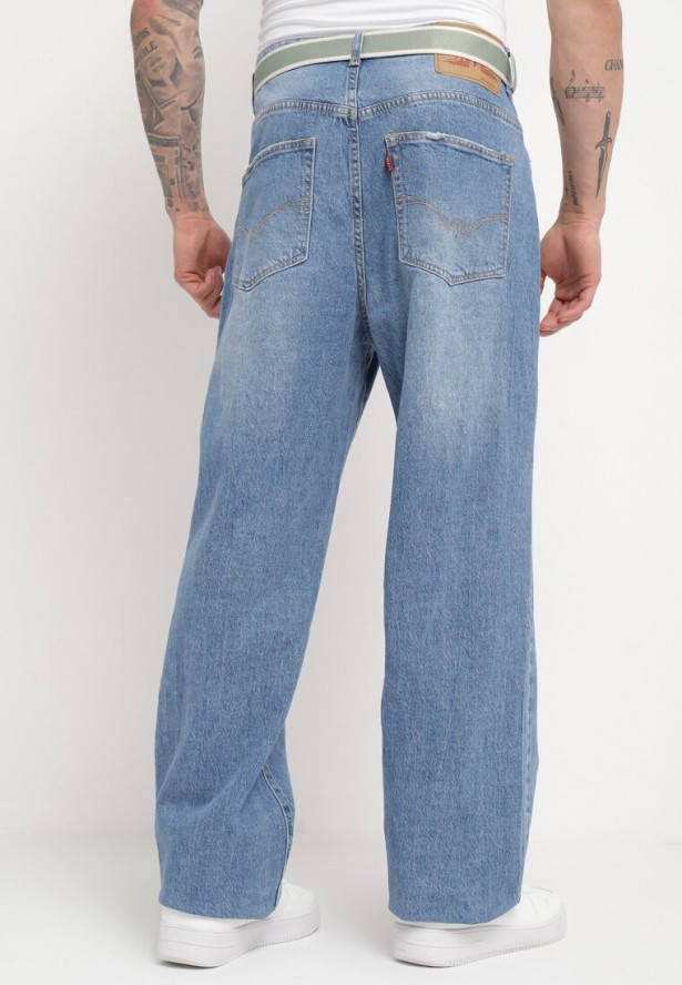 Niebieskie Klasyczne Jeansy z Przetarciami i Materiałowym Paskiem Ramalua