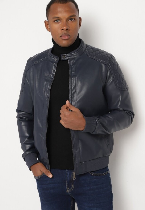 Granatowa Ramoneska Kurtka w Stylu Motocyklowym ze Stójką Tinina