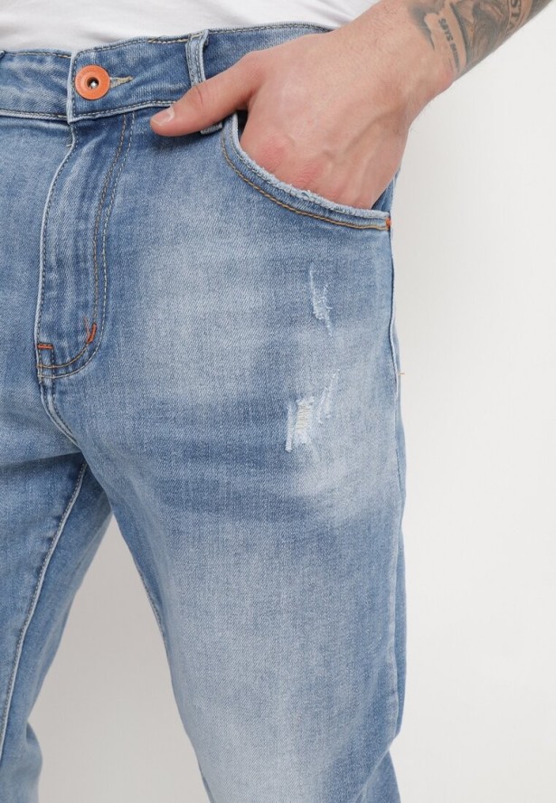 Niebieskie Jeansy Skinny z Przeszyciami z Kieszeniami i Suwakiem Skili