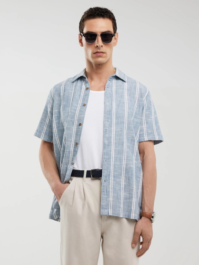 Koszula męska bawełniana w pasy niebieska Luizner 401