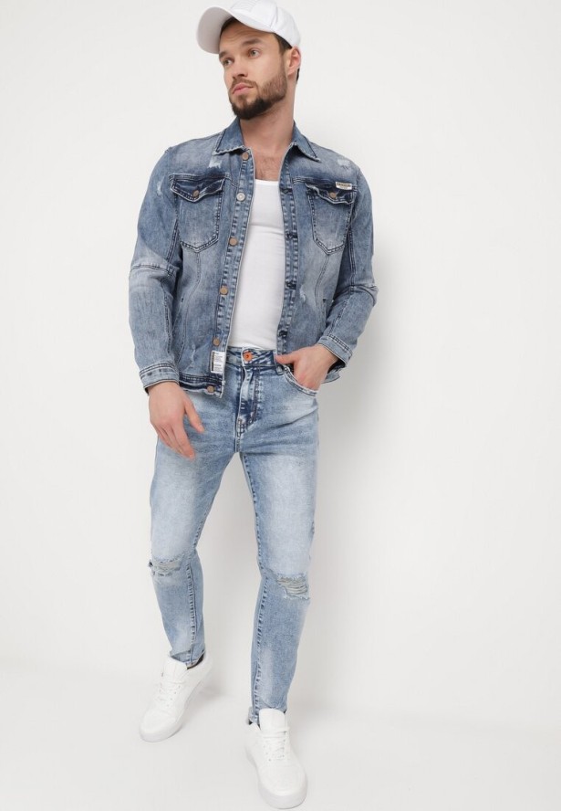 Niebieskie Jeansy Bawełniane o Dopasowanym Fasonie z Przetarciami i Dziurami Agistrea