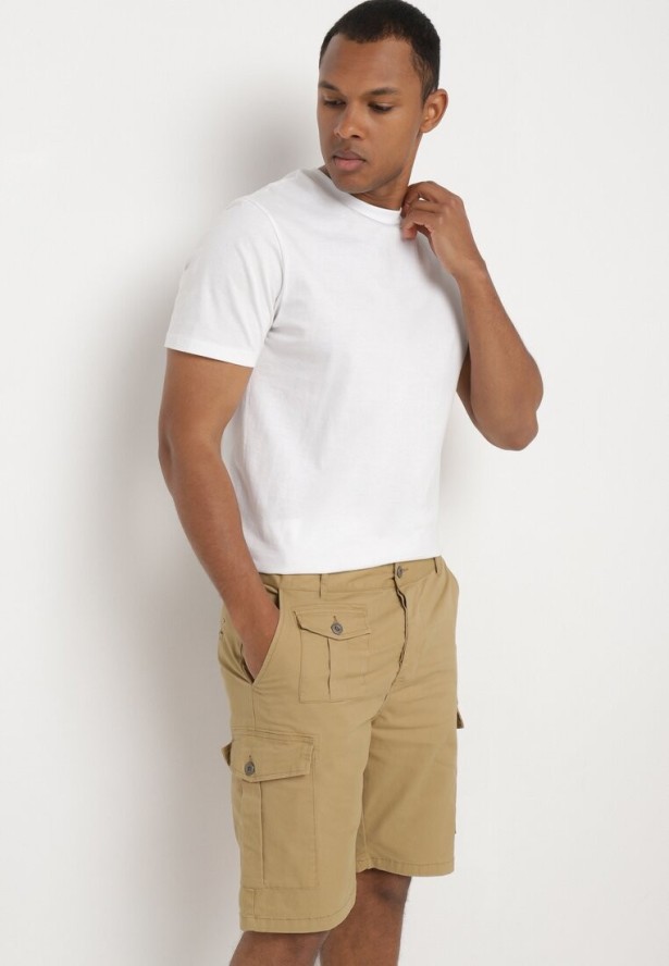 Ciemnobeżowe Bawełniane Szorty Typu Bojówki z Kieszeniami Zapinanymi na Napy Tiasola