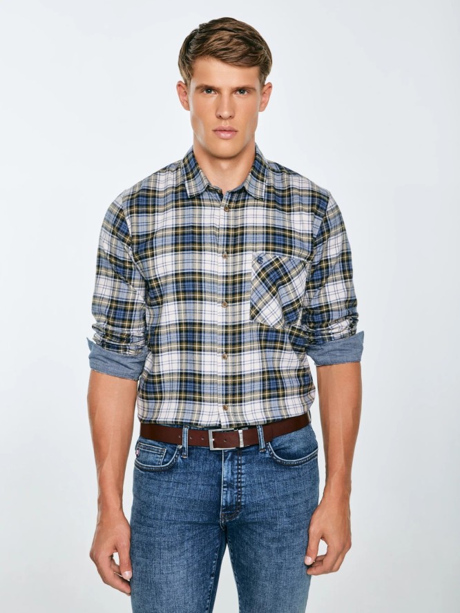 Koszula męska flanelowa w kratę niebiesko-beżowa Koner 401