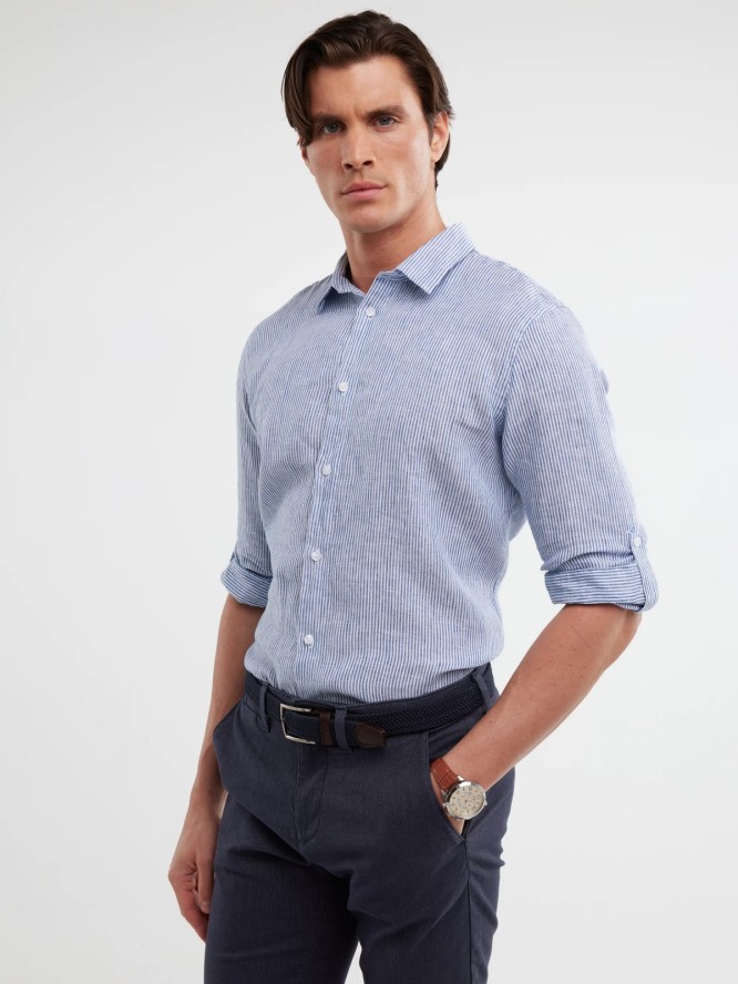 Lniana koszula męska w prążek niebieska Malekiwo 402