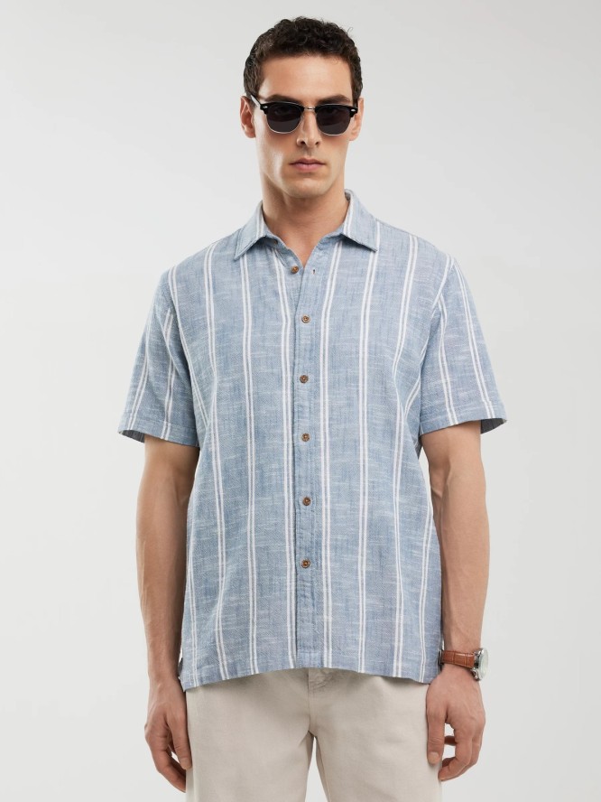 Koszula męska bawełniana w pasy niebieska Luizner 401