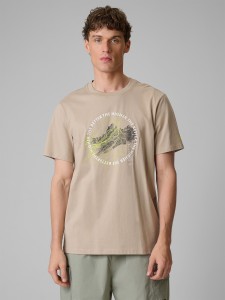 4F T-shirt regular z nadrukiem męski - beżowy XL