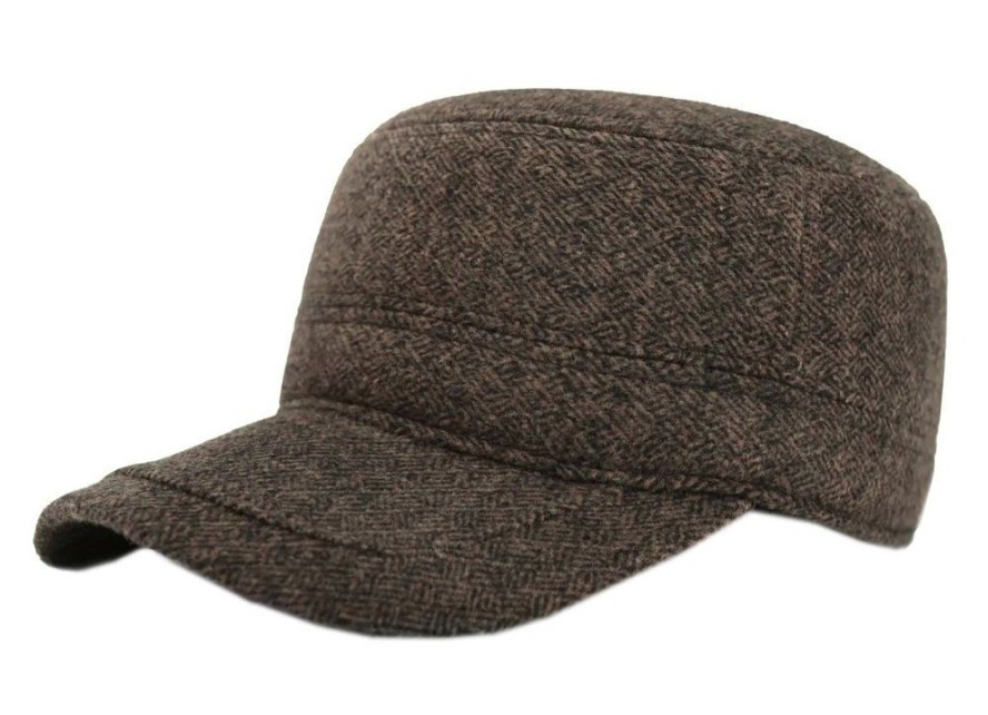 Czapka z Daszkiem Jesienno-Zimowa, Brązowa w Drobny Wzór, Patrolówka z Nausznikami -Pako Jeans