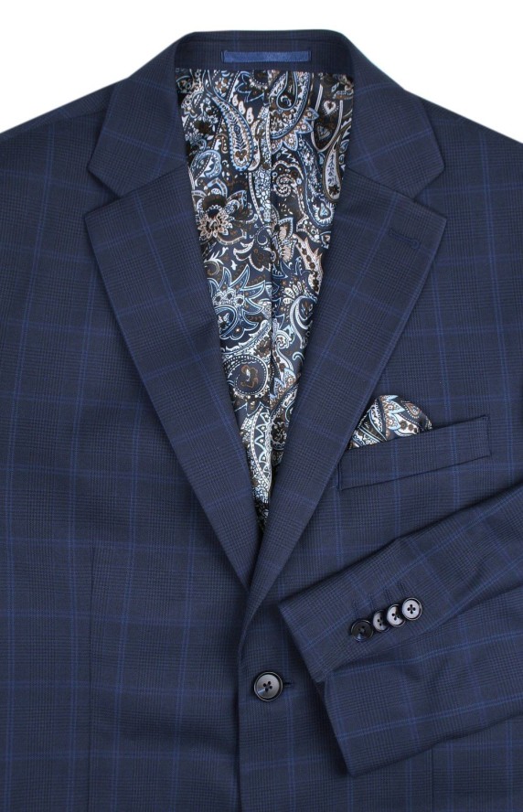 Garnitur Męski - Elegancki - Victorio - Granatowy, Wzór w Kratę